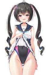 Rule 34 | 1girl, absurdres, black eyes, black hair, black one-piece swimsuit, black sailor collar, cameltoe, clothes lift, commentary request, commission, competition swimsuit, covered navel, cowboy shot, dress, dress lift, drill hair, hair ribbon, highres, lifted by self, long hair, ncontrail (mgax7527), numazu urumi, one-piece swimsuit, ribbon, sailor collar, sailor dress, school uniform, serafuku, simple background, skeb commission, skirt, skirt lift, sleeveless, sleeveless dress, solo, study steady 2, swimsuit, swimsuit under clothes, twintails, white background