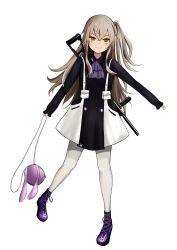 Rule 34 | 1girl, absurdres, bag, black dress, boots, brown eyes, brown hair, closed mouth, dress, girls&#039; frontline, gun, gun on back, h&amp;k ump, hair ornament, highres, holding, holding bag, long hair, looking at viewer, official alternate costume, pantyhose, purple footwear, scar, scar across eye, scar on face, smile, solo, standing, standing on one leg, submachine gun, swallow zzy, ump45 (agent lop rabbit) (girls&#039; frontline), ump45 (girls&#039; frontline), weapon, weapon on back, white background, white pantyhose