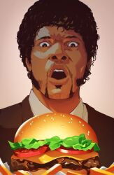 Rule 34 | 1boy, :o, absurdres, afro, black hair, black jacket, brown eyes, burger, collared shirt, commentary, curly hair, dark-skinned male, dark skin, facial hair, food, french fries, highres, jacket, jules winnfield, lem, looking at food, male focus, mustache, open mouth, pulp fiction, samuel l. jackson, shirt, sideburns, simple background, solo, surprised, symbol-only commentary, teeth, upper body, upper teeth only, white shirt