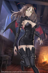 Rule 34 | 1girl, age of ishtaria, belt, black dress, black footwear, black thighhighs, boots, breasts, bridal gauntlets, brown hair, cleavage, collar, copyright notice, covered navel, demon girl, demon horns, dress, fame peera, fingernails, fireplace, hair between eyes, horns, indoors, large breasts, long fingernails, long hair, multiple belts, nail polish, night, pointy ears, purple nails, short dress, skin tight, slit pupils, solo, thigh boots, thigh strap, thighhighs, too many, too many belts, yellow eyes, zettai ryouiki, zipper