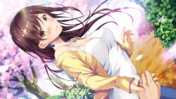 Rule 34 | 1girl, ayase hazuki, bare shoulders, blush, breasts, brown hair, cherry blossoms, cleavage, closed mouth, dutch angle, game cg, holding hands, husband and wife, jewelry, knot fiction!, large breasts, legs, long hair, looking at viewer, narumiya chisa, necklace, off shoulder, original, out of frame, outdoors, petals, pov, pov hands, ring, ring necklace, smile, standing, thighs, tree, wedding band, yellow eyes