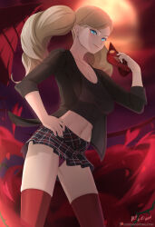 Rule 34 | 1girl, absurdres, black jacket, black skirt, blonde hair, blue eyes, blue nails, breasts, cleavage, closed mouth, collarbone, crop top, earrings, hand on own hip, highres, holding, holding mask, jacket, jewelry, large breasts, long hair, mask, midriff, miniskirt, nail polish, navel, open clothes, open jacket, panties, pantyshot, parted bangs, patreon logo, patreon username, persona, persona 5, plaid, plaid skirt, pleated skirt, red panties, red thighhighs, signature, skirt, sleeves rolled up, smile, smug, solo, standing, stomach, takamaki anne, thighhighs, twintails, underwear, vilde loh hocen