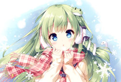 Rule 34 | 1girl, alternate costume, blue eyes, blush, breasts, commentary request, contemporary, earmuffs, frog hair ornament, green hair, hair ornament, hair tubes, kochiya sanae, large breasts, long hair, long sleeves, looking at viewer, miyase mahiro, parted lips, plaid, plaid scarf, sailor collar, scarf, snake hair ornament, snowing, solo, touhou, upper body