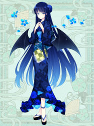 Rule 34 | 1girl, black wings, blue eyes, blue hair, blue kimono, braid, full body, hands up, japanese clothes, kimono, l (matador), long hair, own hands together, psychic hearts, sandals, simple background, solo, standing, tachi-e, very long hair, wings