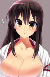 Rule 34 | 1girl, :o, absurdres, black hair, breasts, brown eyes, cleavage, close-up, collarbone, dragonmaterial, eyebrows, grey background, highres, japanese clothes, long hair, miko, no nipples, parted lips, simple background, solo, tsurime