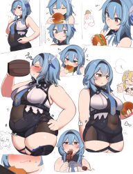Rule 34 | ..., 3girls, absurdres, alternate body size, belly, blonde hair, blue hair, blue necktie, blush, breasts, burger, close-up, closed eyes, closed mouth, commentary request, covered navel, cowboy shot, cropped legs, crying, cup, dot nose, eula (genshin impact), fat, food, food on face, genshin impact, highres, holding, holding burger, holding cup, holding food, holding skewer, lumine (genshin impact), medium breasts, medium hair, multiple girls, necktie, nimo (b45ui), no pupils, open mouth, paimon (genshin impact), plump, purple eyes, short hair, simple background, skewer, sleeveless, speech bubble, sweatdrop, thick arms, thick thighs, thighs, weight gain, white background, wooden cup