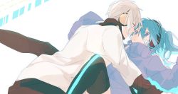 Rule 34 | 1boy, 1girl, ene (kagerou project), eye contact, headphones, kagerou project, konoha (kagerou project), long hair, looking at another, red eyes, resized, short hair, sleeves past wrists, tsuki miyabi, twintails, white hair