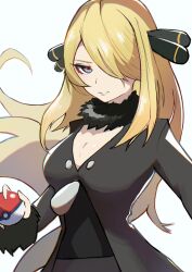 Rule 34 | 1girl, absurdres, black shirt, blonde hair, breasts, cleavage, creatures (company), cynthia (pokemon), floating hair, fur collar, game freak, grey eyes, hair ornament, hair over one eye, highres, holding, holding poke ball, large breasts, long hair, long sleeves, looking at viewer, nintendo, parted lips, poke ball, poke ball (basic), pokemon, pokemon dppt, sakuranuts00, shirt, simple background, solo, upper body, v-neck, very long hair, white background