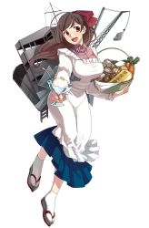 Rule 34 | 10s, 1girl, absurdres, apron, artist request, basket, bow, bowl, brown hair, carrot, crane (machine), food, full body, hair bow, hair ornament, hairclip, highres, hobble skirt, ice cream, kantai collection, kappougi, looking to the side, macaron, mamiya (kancolle), mushroom, official art, onion, pink shirt, potato, purple eyes, red bow, rigging, sandals, shirt, smile, solo, spoon, swept bangs, tabi, tofu, translated, transparent background, zouri