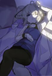 Rule 34 | 1girl, absurdres, ahoge, animal ears, arknights, arm up, armpits, bare shoulders, bed sheet, black choker, black pantyhose, blue dress, blue eyes, choker, commentary request, dress, feet out of frame, fox ears, fox girl, fox tail, gloves, grey hair, hair between eyes, highres, lying, on back, one eye closed, pantyhose, parted lips, sleeveless, sleeveless dress, solo, sussurro (arknights), suzuiro (chocolatte), tail, white gloves