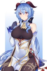 Rule 34 | ahoge, arind yudha, bare shoulders, bell, black gloves, black pantyhose, blue hair, blush, bow, breasts, chinese knot, detached sleeves, flower knot, ganyu (genshin impact), genshin impact, gloves, gold trim, highres, horns, large breasts, long hair, looking at viewer, neck bell, pantyhose, purple eyes, sidelocks, sitting, smile, solo, tassel, thighlet, vision (genshin impact), white sleeves