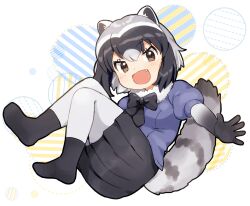 Rule 34 | 1girl, animal ears, ankle socks, black bow, black skirt, black socks, bow, brown eyes, common raccoon (kemono friends), fang, fur collar, grey hair, kemono friends, open mouth, pantyhose, pleated skirt, raccoon ears, raccoon girl, raccoon tail, short-sleeved sweater, short hair, short sleeves, skirt, socks, solo, striped tail, suicchonsuisui, sweater, tail, white pantyhose