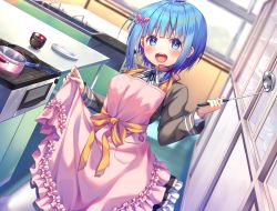 Rule 34 | 1girl, :d, absurdres, apron, apron lift, asa no ha (awayuki), blue eyes, blue hair, blunt bangs, blurry, blush, bow, breasts, clothes lift, cup, depth of field, dutch angle, eyebrows hidden by hair, flower, frilled apron, frills, frying pan, hair flower, hair ornament, highres, holding, holding ladle, indoors, kouhai shoujo, ladle, long sleeves, looking at viewer, medium breasts, official art, open mouth, pink apron, plate, pot, red ribbon, ribbon, shelf, short hair, sink, skirt, smile, solo, stove, table, teeth, upper teeth only, white legwear, window, yellow bow