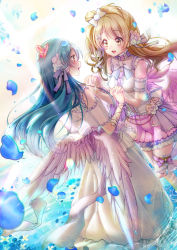Rule 34 | 2girls, angel wings, blue hair, blush, butterfly hair ornament, flower, frills, grey hair, hair between eyes, hair flower, hair ornament, holding hands, interlocked fingers, long hair, looking at another, love live!, love live! school idol festival, love live! school idol project, maronie., minami kotori, multiple girls, one side up, open mouth, petals, sleeveless, smile, sonoda umi, standing, standing on liquid, water, wings, yellow eyes