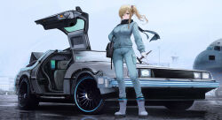 1girl absurdres aircraft airplane airport black_scarf blonde_hair blue_pants blue_shirt boots breasts car closed_mouth commission control_tower delorean gloves green_eyes gullwing_doors highres holding inuyama_aoi jet_airliner kcar66t large_breasts long_hair long_sleeves looking_at_viewer motor_vehicle outdoors pants pixiv_commission scarf shirt side_ponytail smile standing vehicle_focus white_car white_footwear white_gloves yurucamp