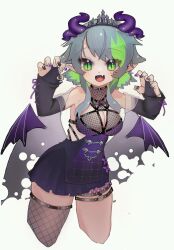 Rule 34 | 1girl, artist request, bare shoulders, belt, black choker, black gloves, black nails, black tiara, breasts, bsapricot (vtuber), bsapricot (vtuber) (1st costume), choker, claw pose, cleavage, cropped legs, cross, cross earrings, demon horns, demon wings, detached wings, dress, earrings, fang, fingerless gloves, fishnet thighhighs, fishnets, gloves, green eyes, green hair, grey hair, highres, horns, jewelry, looking at viewer, multicolored hair, multiple horns, nail polish, o-ring, open mouth, parted bangs, pointy ears, purple dress, purple horns, purple nails, ring, short hair, sidelocks, single fishnet legwear, skull, smile, solo, streaked hair, thigh belt, thigh strap, thighhighs, virtual youtuber, vshojo, white background, wings
