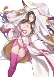 Rule 34 | 1girl, bare shoulders, breasts, brown eyes, cleavage, closed mouth, clothes lift, collarbone, commentary, dutch angle, facial mark, fate/grand order, fate (series), feet out of frame, forehead mark, highres, horn ornament, horns, large breasts, lifted by self, long hair, long sleeves, looking at viewer, multicolored hair, parted bangs, pink thighhighs, purple hair, red cucumber, revealing clothes, sessyoin kiara, sidelocks, smile, solo, standing, thigh gap, thighhighs, two-tone hair, veil, very long hair, wide hips, yellow eyes
