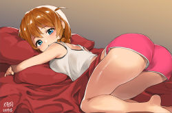 Rule 34 | 1girl, aqua eyes, ass, baba konomi, bare shoulders, barefoot, black bra, blush, bra, braid, breasts, brown hair, full body, hair over shoulder, highres, idolmaster, idolmaster million live!, idolmaster million live! theater days, long hair, looking at viewer, looking back, myeolchi, on bed, open mouth, panties, pillow, pink shorts, shirt, short shorts, shorts, simple background, single braid, sleeveless, small breasts, soles, solo, underwear, upshorts, white panties, white shirt