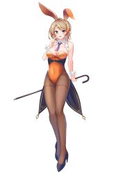 Rule 34 | 1girl, alternate costume, animal ears, black footwear, blue eyes, blush, bow, braid, breasts, brown pantyhose, cane, cleavage, coattails, collar, commentary request, covered navel, detached collar, fake animal ears, full body, hair bow, high heels, highres, holding, holding cane, kirakira 620, leotard, light brown hair, looking at viewer, medium bangs, medium breasts, multicolored hair, nanashi inc., necktie, open mouth, orange hair, orange leotard, pantyhose, playboy bunny, purple necktie, rabbit ears, short hair, simple background, smile, standing, strapless, strapless leotard, touri sei, two-tone hair, virtual youtuber, white background, white bow, white collar, wrist cuffs