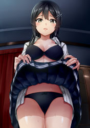 Rule 34 | 10s, 1girl, black bra, black hair, black panties, black skirt, blouse, bra, breasts, clothes lift, collarbone, fingernails, grey eyes, hair ornament, highres, jewelry, kamelie, kantai collection, lifted by self, long hair, medium breasts, open mouth, oyashio (kancolle), panties, pantyshot, pleated skirt, ring, shirt, short sleeves, skirt, solo, standing, underwear, wedding band, white shirt