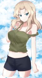 Rule 34 | 1girl, armpits, artist name, bare shoulders, belly, bike shorts, blonde hair, blouse, breasts, cleavage, collarbone, covered erect nipples, day, girls und panzer, green eyes, green shirt, highres, ikir13, kay (girls und panzer), large breasts, long hair, looking at viewer, navel, parted bangs, shirt, shorts, solo, standing, strap slip, tank top
