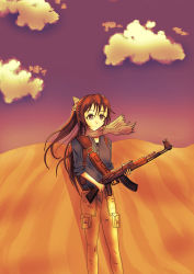 Rule 34 | 1girl, absurdres, aqua bow, aqua eyes, artist name, artist request, belt, blue eyes, blue sky, blush, bow, breasts, brown belt, brown hair, brown pants, cloud, day, desert, female focus, full moon, green shirt, grey scarf, gun, hair between eyes, hair bow, half updo, high ponytail, highres, holding, holding gun, holding weapon, light brown pants, long hair, looking at viewer, love live!, love live! nijigasaki high school idol club, moon, osaka shizuku, outdoors, pants, parted lips, ponytail, scarf, shirt, short sleeves, sky, small breasts, smile, solo, sunset, weapon, yellow moon