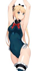 Rule 34 | 1girl, armpits, arms up, bare shoulders, black ribbon, blonde hair, blue eyes, blue leotard, blue one-piece swimsuit, blue thighhighs, blush, breasts, closed mouth, covered navel, dead or alive, dead or alive 5, frilled leotard, frills, hair ornament, hair ribbon, hip focus, leotard, long hair, looking at viewer, marie rose, one-piece swimsuit, ribbon, sia namsbinpeni, simple background, small breasts, solo, swimsuit, thighhighs, thighs, twintails, white background, x hair ornament