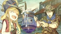 Rule 34 | 10s, 1boy, 1girl, atelier (series), atelier escha &amp; logy, belt, black gloves, blonde hair, blush, brown hair, building, camouflage, day, closed eyes, facial hair, fingerless gloves, game cg, gloves, harry olson, hat, hidari (left side), holding, house, jewelry, katla larchica, monocle, mustache, neckerchief, necklace, official art, open mouth, outdoors, pointing, pot, ring, shirt, short hair, sidelocks, sleeves rolled up, watch