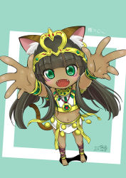 Rule 34 | 1girl, animal ears, anklet, bastet (p&amp;d), blush, bracelet, brown hair, cat tail, dark skin, egyptian, fangs, feet, from above, green eyes, hands up, highres, jewelry, looking up, lots of jewelry, midriff, necklace, open mouth, puzzle &amp; dragons, tail