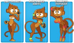 Rule 34 | 1girl, :&gt;, animal ears, animal nose, ankleband, arm up, bare shoulders, barefoot, bikini, black eyes, bloons tower defense, blue background, body fur, border, breasts, brown eyes, brown fur, character name, closed mouth, dart, dart monkey, earrings, english text, feet, female focus, full body, furry, furry female, green bikini, hand up, hands up, highres, holding, holding dart, jewelry, large breasts, leaning forward, legs, looking to the side, monkey ears, monkey girl, monkey tail, multiple views, navel, open mouth, outside border, red bikini, shading eyes, shiny skin, single earring, small breasts, standing, stomach, string bikini, swimsuit, tail, thick eyebrows, thigh strap, thighs, tiptoes, two-tone fur, vixycore, white bikini, white border