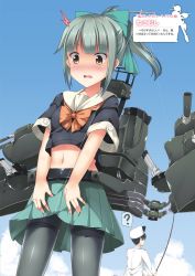 Rule 34 | 10s, 1girl, :o, ?, admiral (kancolle), backpack, bag, belt, black pantyhose, blue skirt, day, failure, fishing hook, fishing line, fishing rod, frown, green hair, hat, highres, kantai collection, machinery, midriff, military, military uniform, navel, nekomoshi, open mouth, outdoors, pantyhose, peaked cap, ponytail, school uniform, serafuku, skirt, uniform, wavy mouth, yuubari (kancolle)