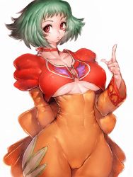 Rule 34 | arm behind back, breasts, brown eyes, cameltoe, farah oersted, fumio (rsqkr), green hair, highres, medium breasts, namco, narrow waist, pointing, pointing up, short hair, simple background, tales of (series), tales of eternia, underboob, white background, wide hips