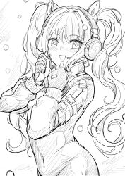 Rule 34 | 1girl, :d, alice (nikke), animal ear headphones, animal ears, blush, bodysuit, breasts, covered navel, cropped jacket, fake animal ears, from side, gloves, goddess of victory: nikke, hair between eyes, headphones, headset, highres, jacket, long hair, medium breasts, open mouth, sidelocks, skin tight, smile, solo, twintails, yougenko