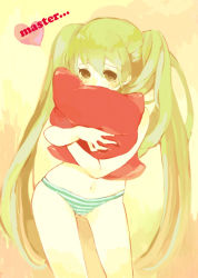 Rule 34 | 1girl, bad id, bad pixiv id, blush, gou (tomero), green eyes, green hair, hatsune miku, hugging object, long hair, matching hair/eyes, panties, pillow, pillow hug, solo, striped clothes, striped panties, tomero, topless, twintails, underwear, very long hair, vocaloid