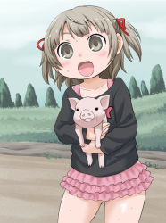 Rule 34 | 1girl, :d, animal, blush, brown hair, contrapposto, day, field, frilled skirt, frills, gachon jirou, grass, holding, layered skirt, long sleeves, looking at viewer, marui mitsuba, mitsudomoe, open mouth, outdoors, pig, skirt, smile, solo, standing, tareme, twintails