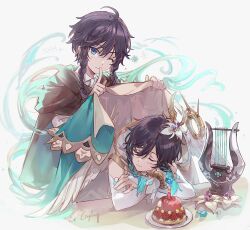 Rule 34 | 2boys, alternate costume, androgynous, birthday cake, black hair, blue eyes, blue hair, braid, bridal gauntlets, brown cloak, cake, candle, cape, unworn cape, capelet, cloak, closed eyes, closed mouth, collared shirt, commentary, csyday, elbow gloves, english commentary, english text, feathered wings, finger to mouth, flower, food, genshin impact, gloves, gradient hair, hair flower, hair ornament, holding, holding cape, holding clothes, hood, hood down, hooded capelet, instrument, looking at viewer, lyre, male focus, multicolored hair, multiple boys, nameless bard (genshin impact), one eye closed, plate, shirt, short hair with long locks, shushing, sleeping, sleeveless, smile, twin braids, venti (archon) (genshin impact), venti (genshin impact), white background, white flower, white shirt, white wings, wind, wings