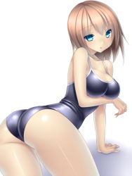 Rule 34 | 1girl, all fours, aqua eyes, ass, breast hold, breasts, brown hair, competition school swimsuit, lying, on side, one-piece swimsuit, original, school swimsuit, short hair, simple background, solo, swimsuit, tsukumiya amane, white background