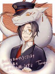 Rule 34 | 1boy, 2024, animal, black haori, brown background, brown hair, brown nails, chinese zodiac, closed mouth, collared shirt, dated, dragon, earrings, eyewear strap, glasses, haori, hat, highres, holding, holding animal, japanese clothes, jewelry, long sleeves, looking at viewer, male focus, matching outfits, necklace, new year, one eye closed, orange eyes, original, peaked cap, pendant, round eyewear, seigaiha, shirt, short hair, solo, tassel, tassel earrings, torapochi3, upper body, white shirt, year of the dragon