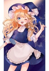 Rule 34 | 1girl, ;d, apron, blue eyes, blue vest, border, bow, braid, chomi z, chromatic aberration, contrapposto, cowboy shot, hair bow, hair ribbon, hand up, hat, highres, index finger raised, kirisame marisa, lens flare, long hair, looking at viewer, one eye closed, open mouth, outside border, pillarboxed, ribbon, round teeth, side braid, sleeves past elbows, smile, solo, teeth, touhou, tress ribbon, upper teeth only, vest, waist apron, white apron, white border, white bow, witch hat