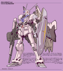 Rule 34 | clenched hand, dated, glowing, glowing eye, green eyes, gun, gundam, highres, holding, holding gun, holding weapon, io takuya, looking ahead, mecha, no humans, original, purple background, robot, science fiction, shield, solo, standing, weapon