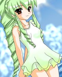 Rule 34 | 00s, 1girl, blush, breasts, cloud, dutch angle, galaxy angel, green hair, high ponytail, long hair, looking at viewer, ocean, one-piece swimsuit, outdoors, ponytail, red eyes, sky, small breasts, smile, solo, swimsuit, vanilla h, wading