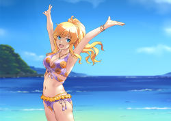 Rule 34 | 1girl, :d, armpits, arms up, beach, bikini, blonde hair, blue eyes, breasts, cleavage, cloud, commentary request, day, floral print, highres, idolmaster, idolmaster cinderella girls, jewelry, long hair, looking at viewer, medium breasts, mizuki (mizuki ame), navel, necklace, ocean, ohtsuki yui, open mouth, outdoors, ponytail, print bikini, side-tie bikini bottom, sky, smile, solo, swimsuit, water