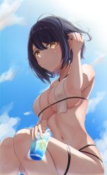 Rule 34 | 1girl, absurdres, bikini, black hair, blue sky, breasts, cloud, cup, day, drinking glass, drinking straw, floating hair, food, from below, fruit, genshin impact, hand in own hair, hand up, highres, holding, holding cup, ice, ice cube, kujou sara, lemon, lemon slice, looking at viewer, looking down, medium breasts, navel, o-ring, obanana (ahap7438), outdoors, short hair, sitting, sky, solo, stomach, string bikini, swimsuit, thighs, underboob, wet, yellow eyes