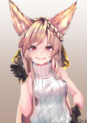 Rule 34 | 1girl, :&gt;, absurdres, animal ears, bare arms, bare shoulders, braid, breasts, brown hair, closed mouth, crown braid, erune, eyelashes, eyes visible through hair, granblue fantasy, grey background, hand on own hip, hand up, highres, long hair, looking at viewer, medium breasts, parted bangs, red eyes, ribbed sweater, silver (suwakosuwako), simple background, sleeveless, slit pupils, smile, solo, sweater, turtleneck, turtleneck sweater, upper body, v-shaped eyebrows, white sweater, yuisis (granblue fantasy)