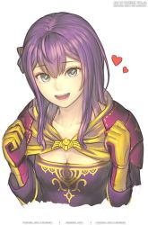 Rule 34 | 1girl, alternate hair length, alternate hairstyle, armor, artist name, bernadetta von varley, bow, breasts, cleavage, commentary, commentary request, english commentary, fire emblem, fire emblem: three houses, gloves, gofelem, grey eyes, hair bow, heart, long hair, mixed-language commentary, nintendo, open mouth, patreon username, pauldrons, purple gloves, purple hair, shoulder armor, simple background, small breasts, solo, twitter username, white background, yellow gloves