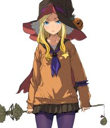 Rule 34 | 1girl, arm garter, bad id, bad twitter id, black skirt, blonde hair, blue eyes, blue neckerchief, cape, closed mouth, cowboy shot, enami katsumi, hat, highres, holding, holding staff, long hair, long sleeves, looking at viewer, neckerchief, orange sweater, pantyhose, parted bangs, pleated skirt, pumpkin, purple pantyhose, red cape, simple background, skirt, solo, staff, standing, star (symbol), sweater, white background, witch hat