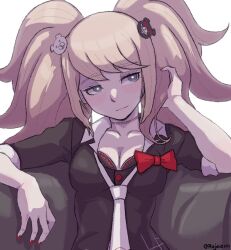 Rule 34 | 1girl, artist name, bear hair ornament, black shirt, bow, breasts, cleavage, danganronpa: trigger happy havoc, danganronpa (series), enoshima junko, hair ornament, large breasts, light smile, looking at viewer, necktie, rajaie101, red bow, shirt, short sleeves, simple background, solo, twintails, upper body, white background, white necktie