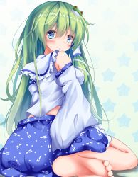 Rule 34 | 1girl, :o, armpit crease, bare shoulders, barefoot, blue eyes, blue skirt, blush, commentary, detached sleeves, frog hair ornament, from behind, gradient background, green hair, hair between eyes, hair ornament, hair tubes, highres, kochiya sanae, long hair, looking at viewer, looking back, patterned background, sitting, skirt, snake hair ornament, solo, star (symbol), starry background, touhou, unory, very long hair, wariza
