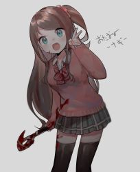 Rule 34 | 1girl, :d, akabane youko, axe, bad id, bad twitter id, black thighhighs, blood, blood on face, bloody weapon, blue eyes, breasts, brown hair, collared shirt, green skirt, grey background, highres, holding, holding axe, long hair, medium breasts, nijisanji, open mouth, pink sweater, plaid, plaid skirt, shirt, side ponytail, skirt, smile, so nagi (artist), solo, sweater, thighhighs, v, virtual youtuber, weapon, white shirt