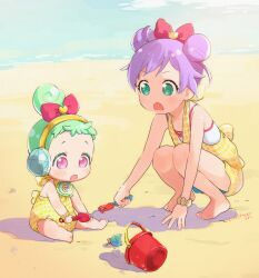 Rule 34 | 2girls, :o, ahoge, baby, barefoot, beach, bow, bucket, commentary request, double bun, full body, green eyes, green hair, hair bow, hair bun, headphones, heart, hermit crab, holding, holding shovel, jewlie (pripara), looking down, machico maki, manaka laala, manaka laala (young), multiple girls, ocean, one-piece swimsuit, open mouth, outdoors, pink bow, pretty series, pripara, purple hair, shirt, short hair, shovel, single hair bun, sitting, squatting, swimsuit, white shirt, yellow one-piece swimsuit